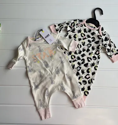 £1.95 • Buy Baby Girl Set Age Newborn Footless Babygrows Animal Print & Cat Fearne New Tag