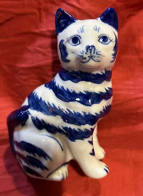 Vintage Blue And White Ceramic Cat Sitting Figurine • $9.99