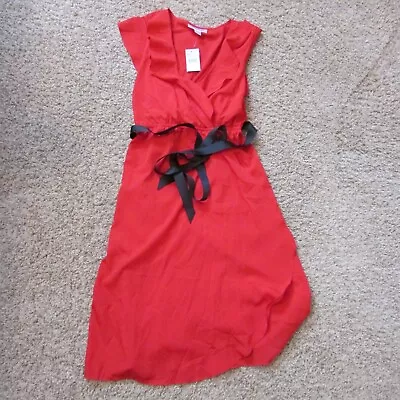 NWT Motherhood Maternity Large Red Chiffon Black Ribbon Belt Dress Mock Wrap • $14.99