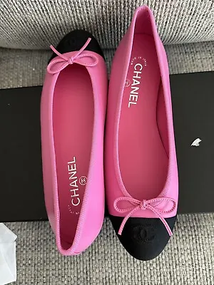 Size 37EU NIB CHANEL 24C Pink Lamb & Grosgrain BlacK Cap Toe Ballerina Flat • £1079.43