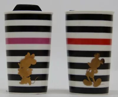 Disney Mickey & Minnie Mouse Ceramic Thermal Travel Mugs W/lids 10 Oz Set Of 2 • £38