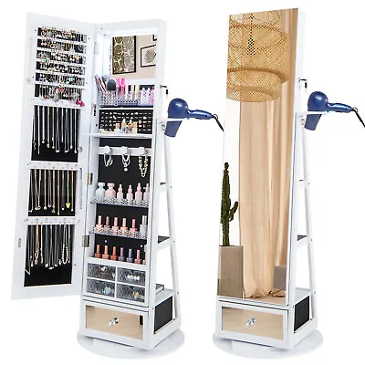 360° Rotating Jewelry Armoire Full Length Mirrored Freestanding Makeup Cabinet • £128.95