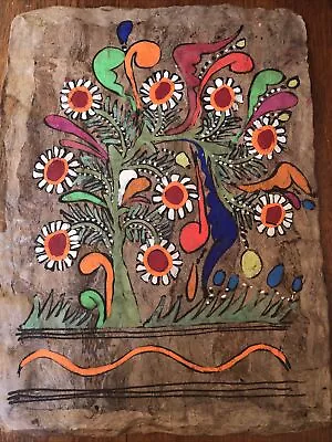 Mexican Folk Art Neon Painting On Amate Bark Abstract Flowers Multicolor Vintage • $15