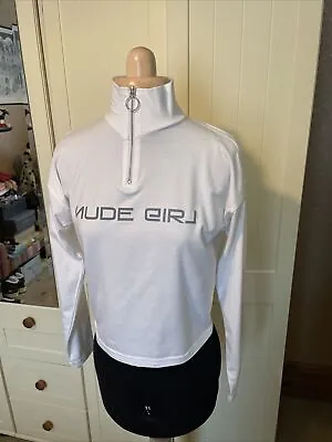 MISSGUIDED Ladies White Cotton Blend Jersey Nude Girl Logo Zip Top Size 8  • £6.50