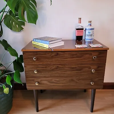 Schreiber Mid Century Modern Chest Of 3 Drawers Gold Handles Teak Danish Design • £249.99