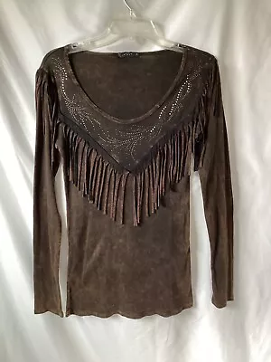 Very Cute T-Party NWOT Rhinestone Fringe Brown Mineral Wash LS Top Size Medium • $29.99