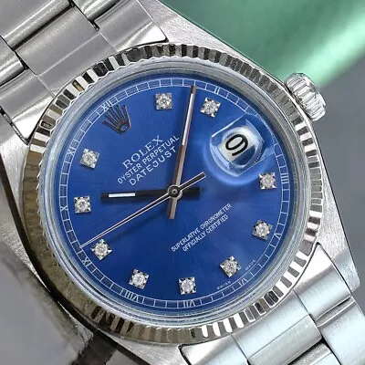 Rolex Mens Datejust Gold & Steel Blue Diamond Dial Oyster Band 36mm Watch 1601 • $4123.70