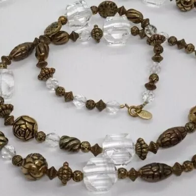 DABBY REID Gold Tone & Clear Faceted Beads Necklace Bracelet Signed Vintage Set • $14.99