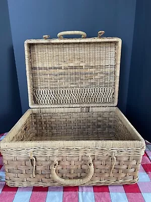 Vintage Woven Wicker Suitcase Picnic Basket 17 X 12 X8 1/2  • $40