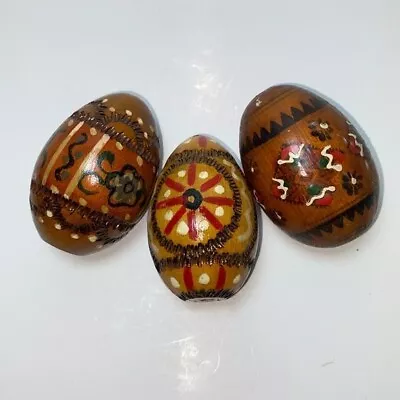 3 Vintage Ukrainian Wooden Eggs Carved And Hand Painted East European Art • $11.76