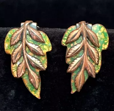 Matisse Renoir Earrings Fern Leaves Copper On Enamel Clip Unique Vintage Signed • $21.99