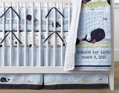 $17 • Buy Pottery Barn Kids Jackson Blue Whales Crib Skirt Toddler Bed Dust Ruffle