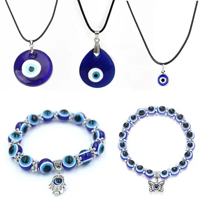 Turkish Hamsa Lucky Evil Eye Pendant Necklace Bracelet Charm Women Men Jewellery • £2.65