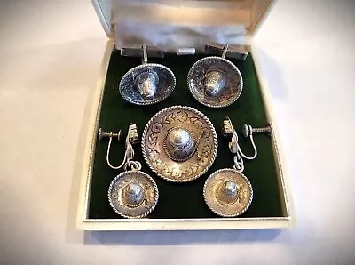 VINTAGE Mexican Sterling Silver Sombrero Hat Brooch Earrings Cufflinks Signed • $54.98