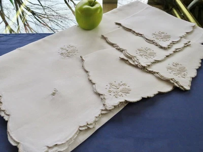 $29 • Buy Vtg Madeira Linen Tea Tablecloth 4 Napkins Ecru Hand Embroidery Applique Roses