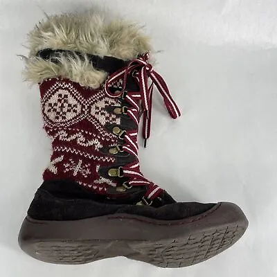 Muk Luks Boots Womens 9 Red & Brown Cow Suede Lace Up Fur Knit Winter #4464 • $44.45