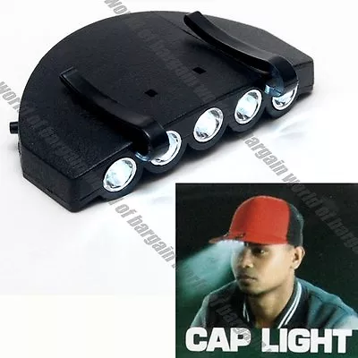 LED Cap Light Clip On Hat Brim Camping Fishing Bike 5 Bulb Headlamp +Battery S19 • $9.95