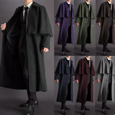 British Wool Blend Men's Long Overcoat With Cape Winter Warm Coat Outdoor Wear • $93.44