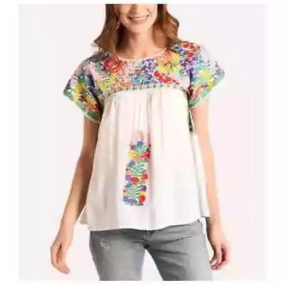 J. Marie Women’s Sz L White Embroidered Floral Short Sleeve Carmen Peasant Top • $52.95