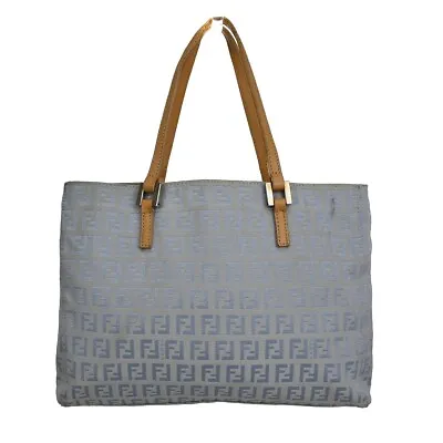 FENDI Logo Zucchino Pattern Hand Bag Canvas Leather Brown Blue Italy 61GA228 • $168.30