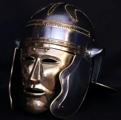 Steel Medieval Knight Larp Warrior Roman Brass Face Plate Helmet. • £115