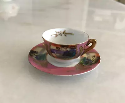 Miniature Teacup And Saucer Pink Handpainted Japan • $8.95