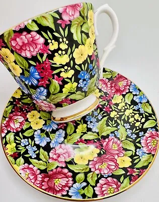 Bethany Cup & Saucer Staffordshire England Black Pink Blue Floral Chintz Teacup • $26.99