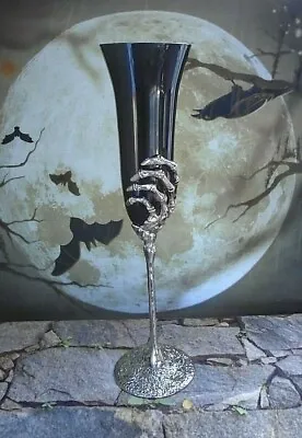 Halloween Skeleton Hand Black Glass Silver Metal Stem Champagne Flute Set Of 2 • $124.99