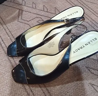 Ellen Tracy Shoes 9M Patent Leather Open Toe Black Heels • $14.48