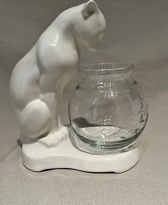 Vintage Haeger Pottery White Cat Sculpture Fish Bowl Plant Holder 7  Tall • $24.95