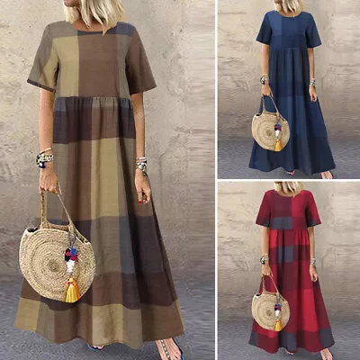 UK 8-24 Women Check Plaid Long Maxi Dress Tunic Swing Loose Shirt Dresses Kaftan • £9.87