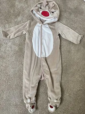 Asda George Baby Boy Girl Christmas Reindeer Soft All In One Pramsuit 6-9 Months • £10