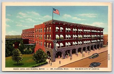 Mt Clemens Michigan~Medea Hotel & Mineral Baths Bldg~PM 1938~Linen Postcard • $3.70