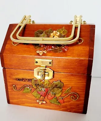 Vtg Handmade Wooden Box Purse W/ Brass Handle 1970s W/ Oil Painted Strawberries • $27.94