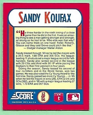 1990 Score Magic Motion Trivia Sandy Koufax #12 The MVP's 1963 • $0.99