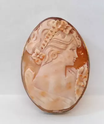 Carved Natural Shell Cameo Lady Giorgio Camo Gold Marked Frame Brooch 6.5 CM • £84.99