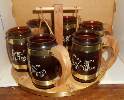 Siesta Ware Cowboy Barrel Mugs Wood Serving Tray Set Brown Glass Western Vintage • $25