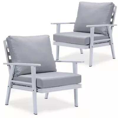 LeisureMod Walbrooke Outdoor Patio White Aluminum Armchairs Set Of 2 Light Gray • $980.30