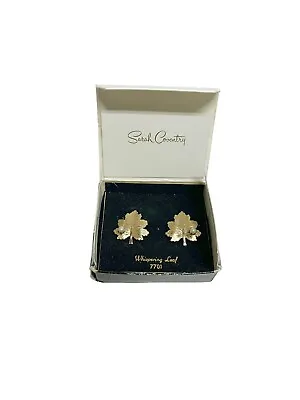  WHISPERING LEAF  Gold Tone Clip Earrings - Sarah Coventry Jewelry With Box • $5.38