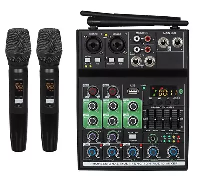 GT4 4 Channel Stereo Audio Mixer UHF Wireless 2 Mics For DJ Karaoke PC Guitar • £85