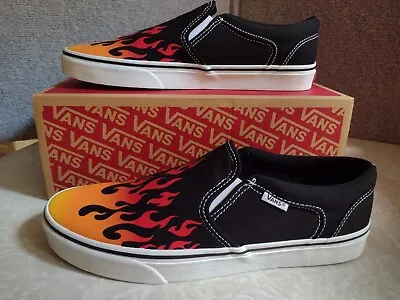 NEW Vans Men's Asher  Black Flame Slip On Canvas Skateboard Shoes • $39.50