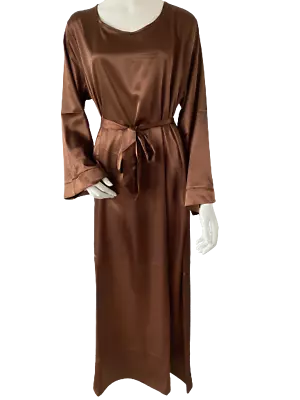 Ladies Satin Pocket Maxi Dress/Abaya Flared Sleeves Belt In Brown Sizes 50-58 • £22.99