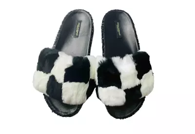 Dolce & Gabbana Black White Rabbit Fur Flats Slides Slip Ons Shoes Size EU39 UK6 • $127.50