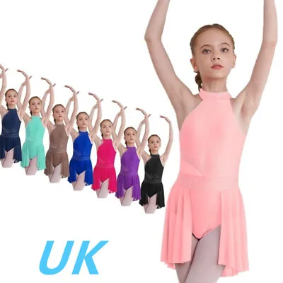 UK Kids Girls Figure Ice Skating Dress Sleeveless Halter Leotard Dress Dancewear • £13.99