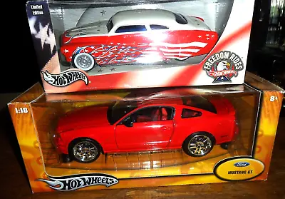 2 CAR LOT  1/18 Hot Wheels Ford RED Mustang GT & 1/24 HW  '49 MERC FREEDOM RIDES • $149