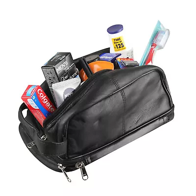 Men Women Real Leather Hanging Toiletry Cosmetic Bag Shaving Overnight Bag Black • £16.99