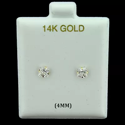 14K Real Solid Gold 4mm Princess Cut Square CZ Stud Earrings Men Women • $34.99