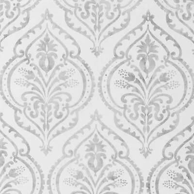 £7.95 • Buy Exotic Moroccan Damask White Silver Grey Textured Heavy Vinyl Wallpaper