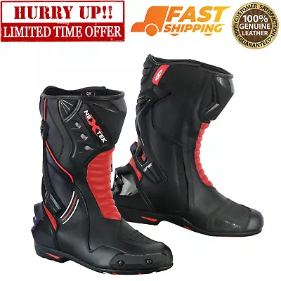 Mens New Motorcycle Sports Shoes Motorbike Leather Boots Racing Long Touring Red • $60.66