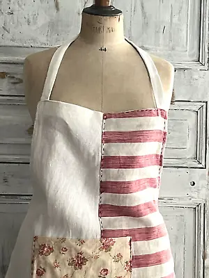 French UPCYCLED Linen PATCHED WORK WEAR APRON Les Toiles Blanches • $115